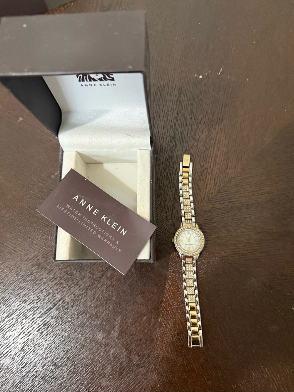 Anne Klein Two-Tone Gold and Silver Crystal-Trim Women's Bracelet Watch